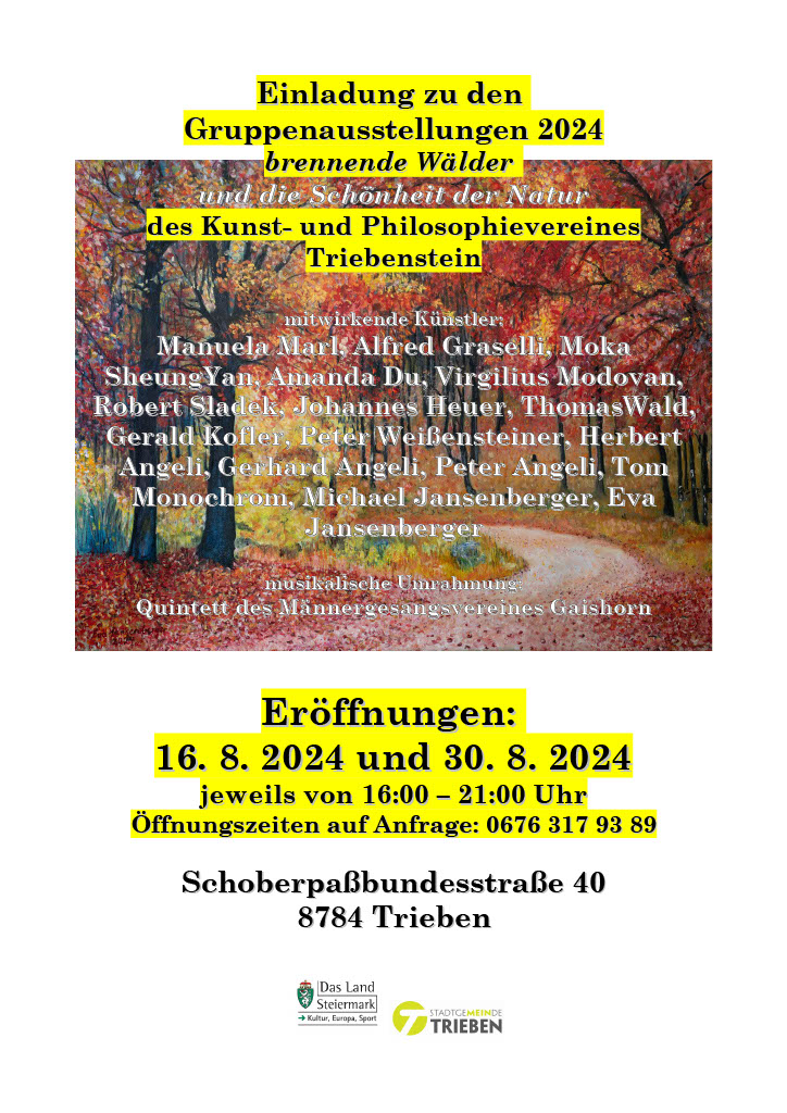 Plakat und Flyer zur Ausstellungsreihe "Brennende Wälder und die Schönheit der Natur", August bis September 2024 in Trieben